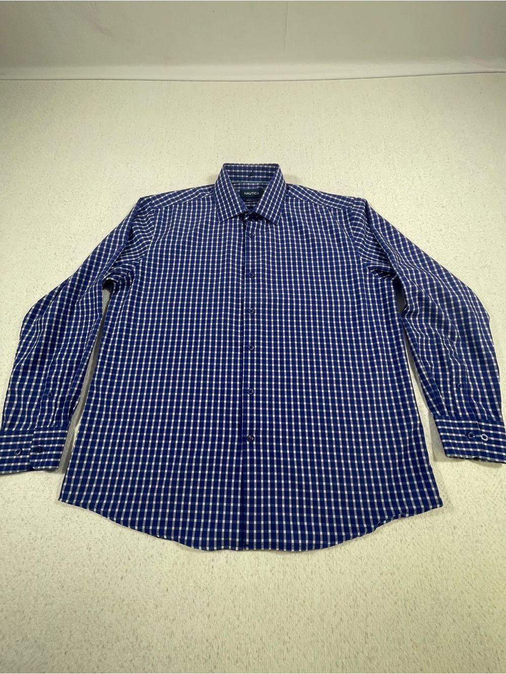 Nautica Men’s Navy and White Check Dress Shirt Regular Fit (Medium). SKU#0619